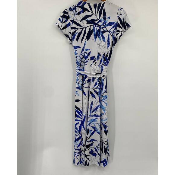 Joseph Ribkoff Midi Dress Tie Waist V Neck Surplice Palms Print Blue White 12 - Picture 5 of 6